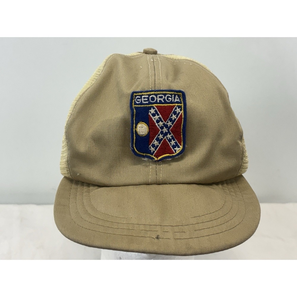 Vtg Union Made Baseball Trucker Hat Cap Tan Georgia Dixie Patch READ SnapBack